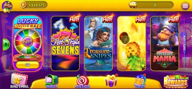 Golden Acorn Casino app interface showcasing a colorful game selection, including Lucky Roulette, Hot Triple Sevens, Treasure Snipes, and Treasure Mania, with vibrant icons and navigation options at the bottom