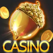 Golden acorn casino logo featuring a shiny golden acorn surrounded by gold coins with the word 'CASINO' in bold letters below.